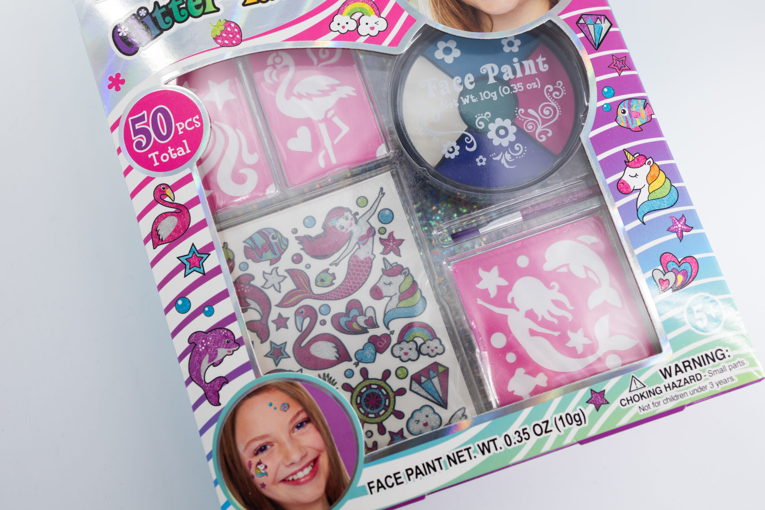 Verpakking van 50-delige schmink- en glittertattoo-set